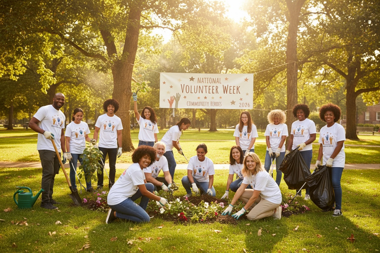 A diverse group of 14 volunteers of varying ages and backgrounds work together in a park, some kneeling to plant while others stand behind them holding gardening tools. A banner reading “National Volunteer Week 2026” hangs between two trees in the background.